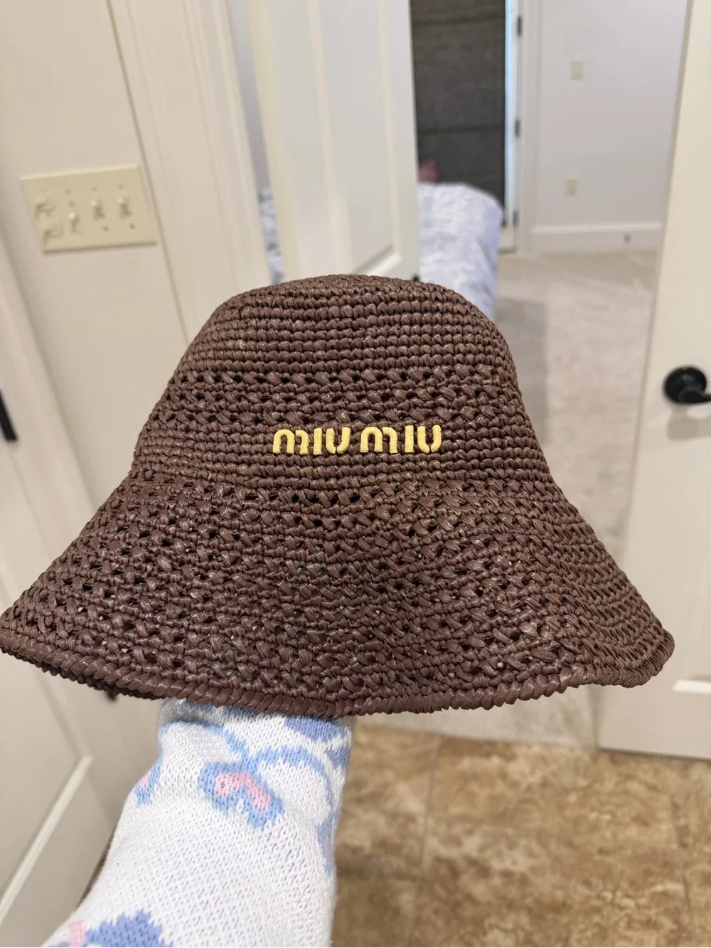 Miu Miu Chocolate Brown Crochet Bucket Hat with Gold Logo